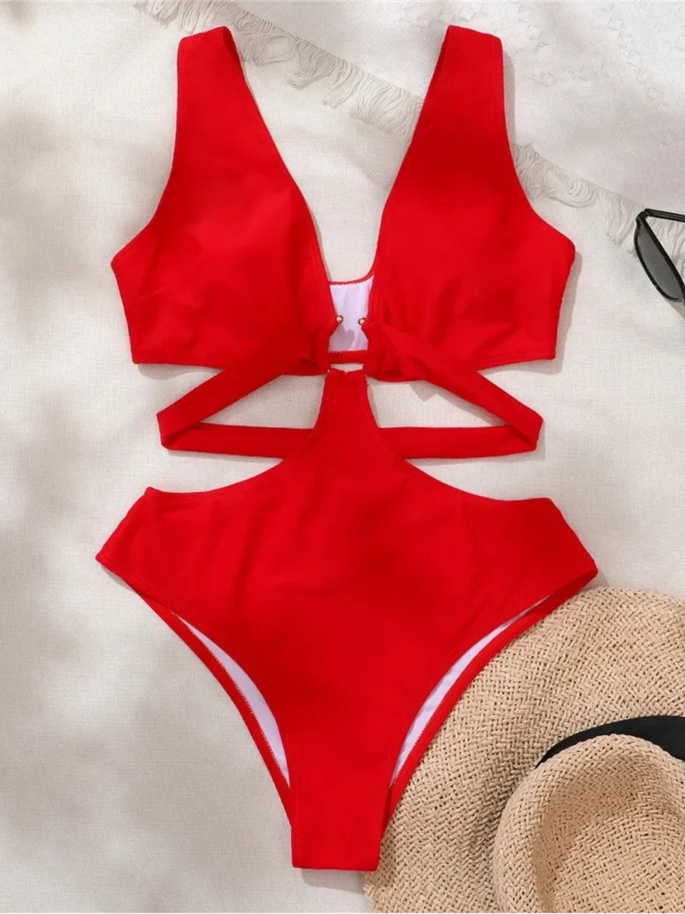 Metal Ring One-Piece Swimsuit in Red Size Small